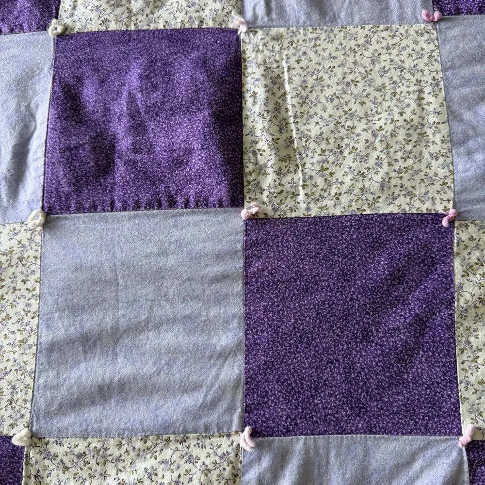 Vintage Patchwork Quilt – Purple & Lavender Floral – Hand-Tied – 57” x 57”